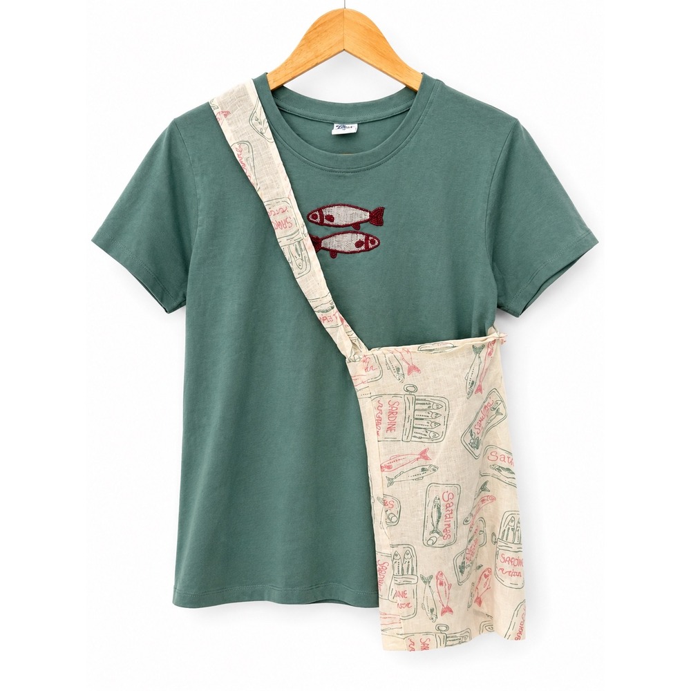 Vibe'n Womens Beaded Fish TShirt with Matching Sardine Print Crossbody Bag M NEW
